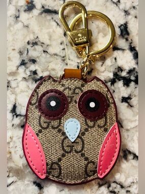 Adorable Gucci Monogram GG Owl Shaped Keychain with Gold Accents